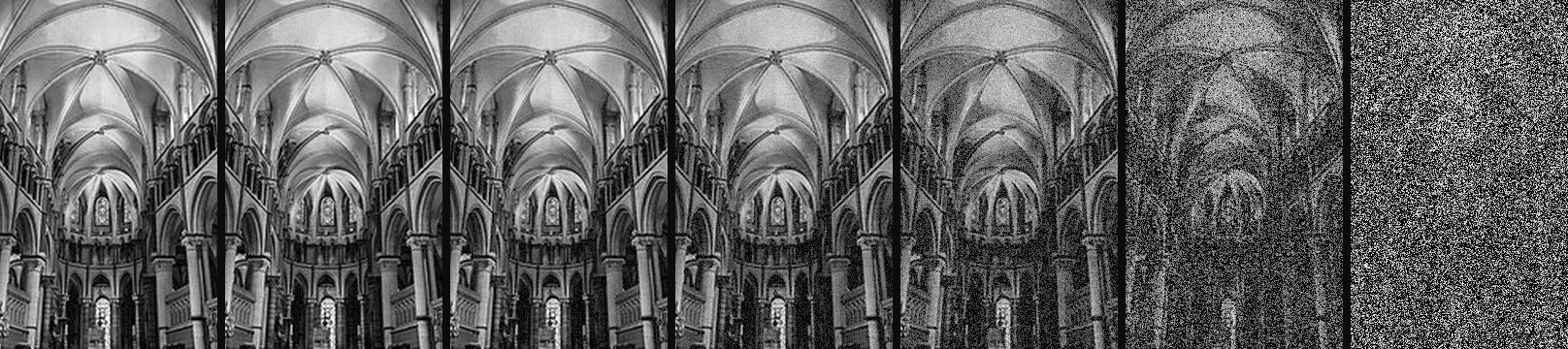 One scene simulated at decreasing exposure and pixel pitch — noise grows left to right