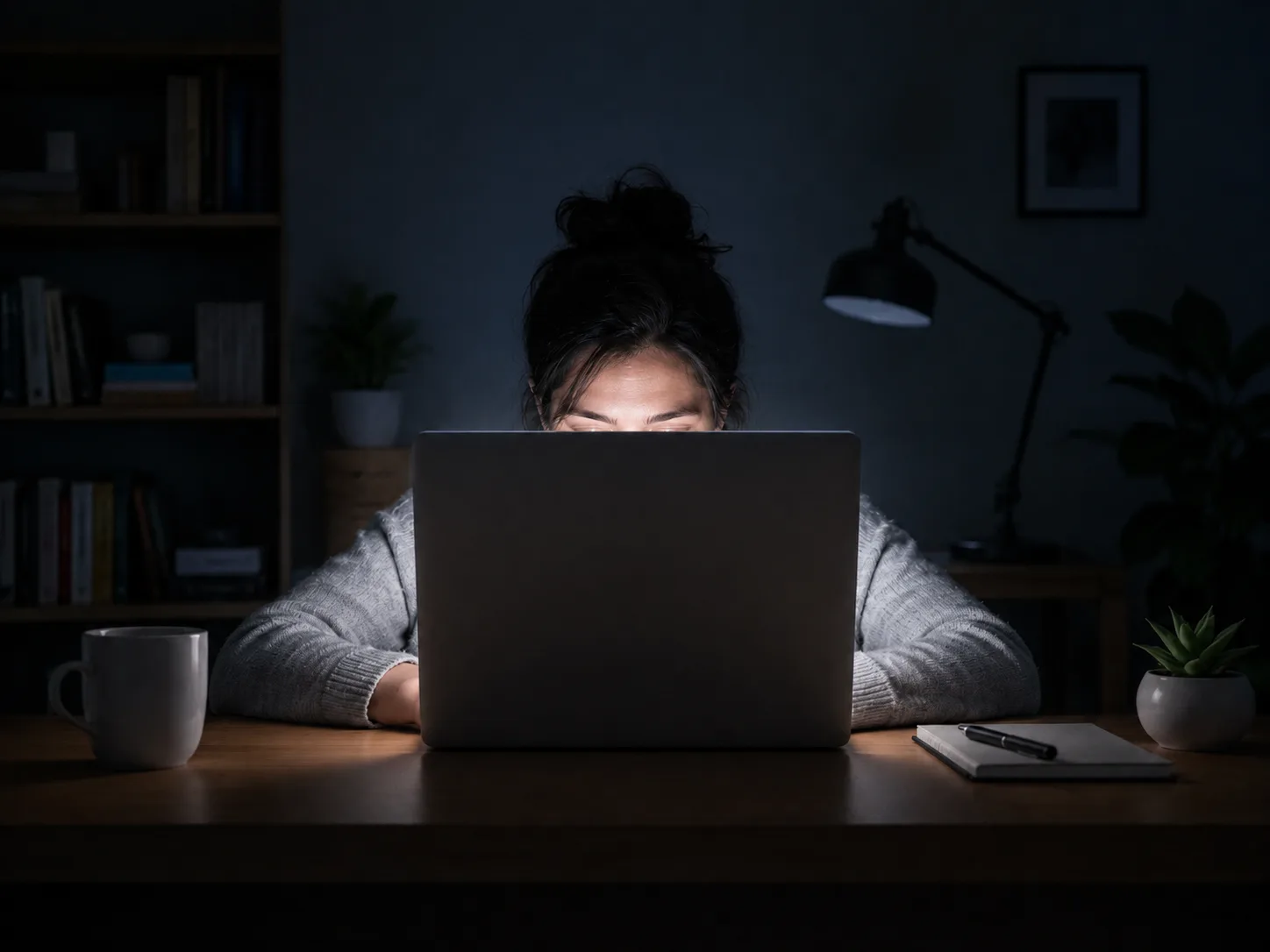 Webcam video call clearly lit in a dim room