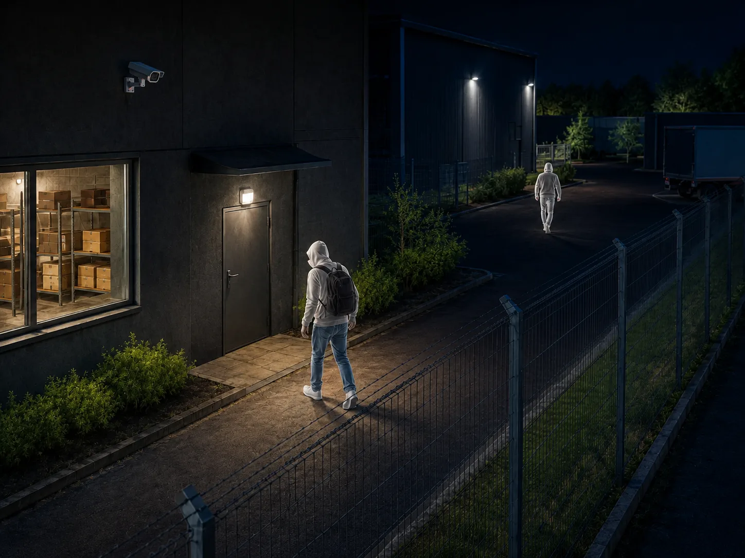 Night-time security camera view with legible faces and plates